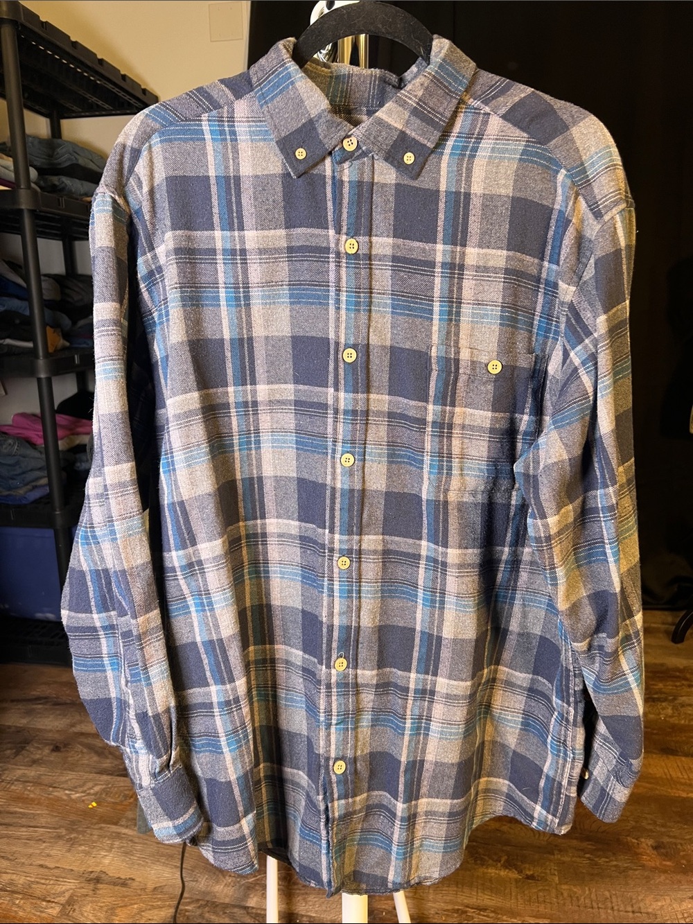 Men's Blue Plaid Button-Down Shirt — Casual Long Sleeve